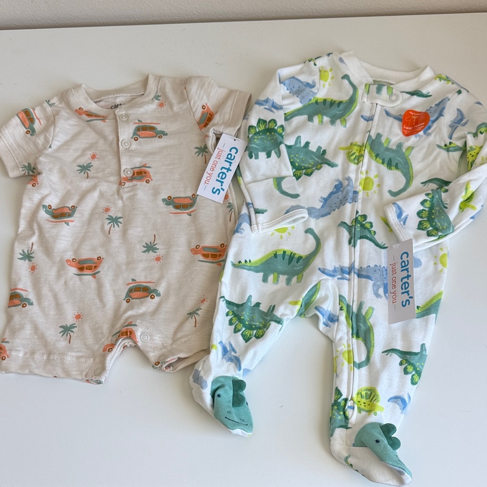 Carter's Kids One Piece Set - Green Dinosaur and Orange Car Prints